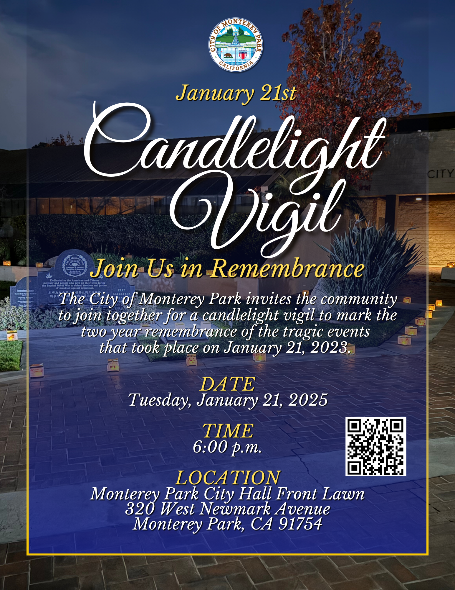 Flyer for a candlelight vigil on January 21, 2025, 6:00 p.m. at Monterey Park City Hall